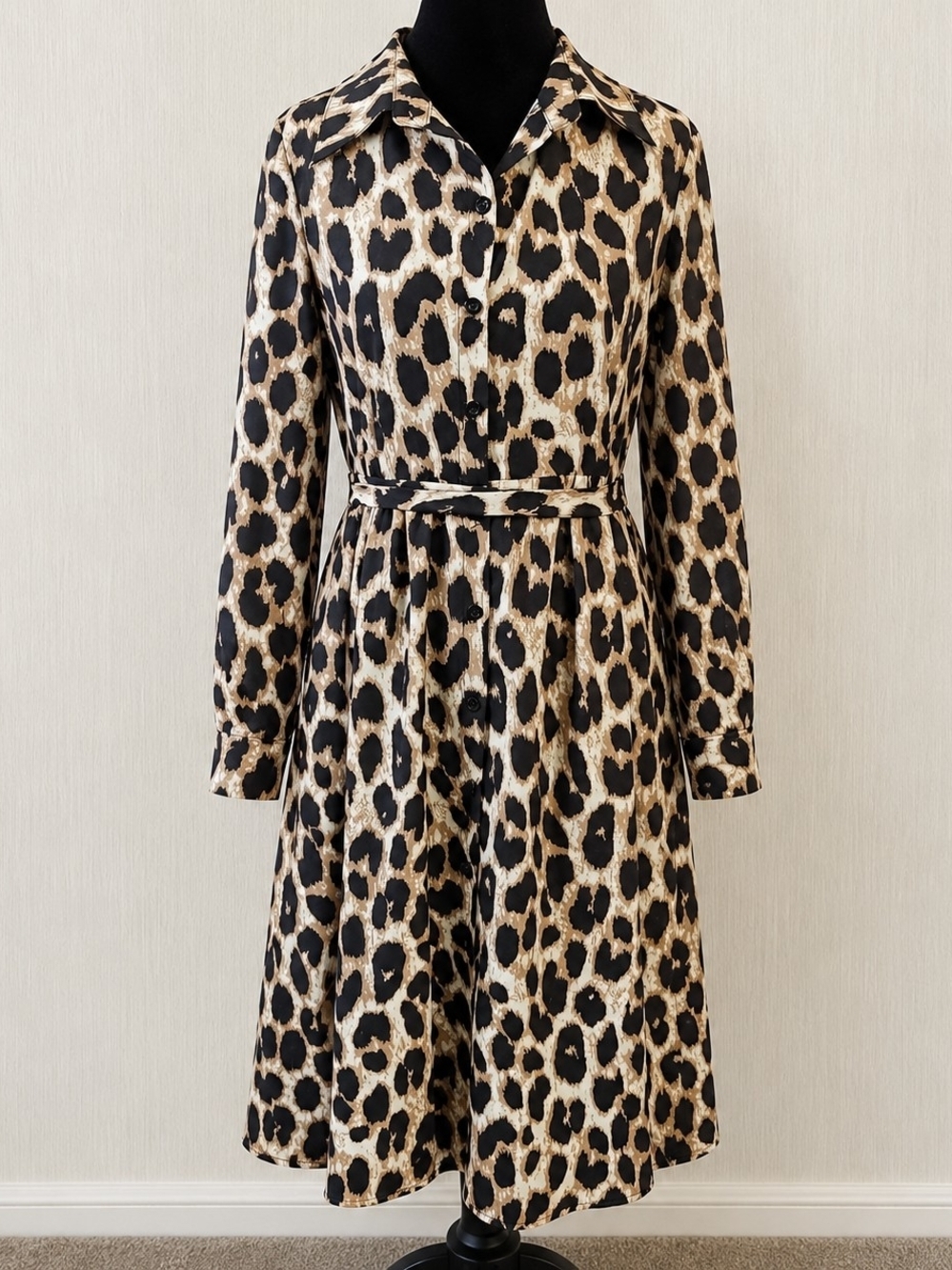 Anna-Kaci California Animal Print Self Tie Shirt Dress Small Button Front Leopar